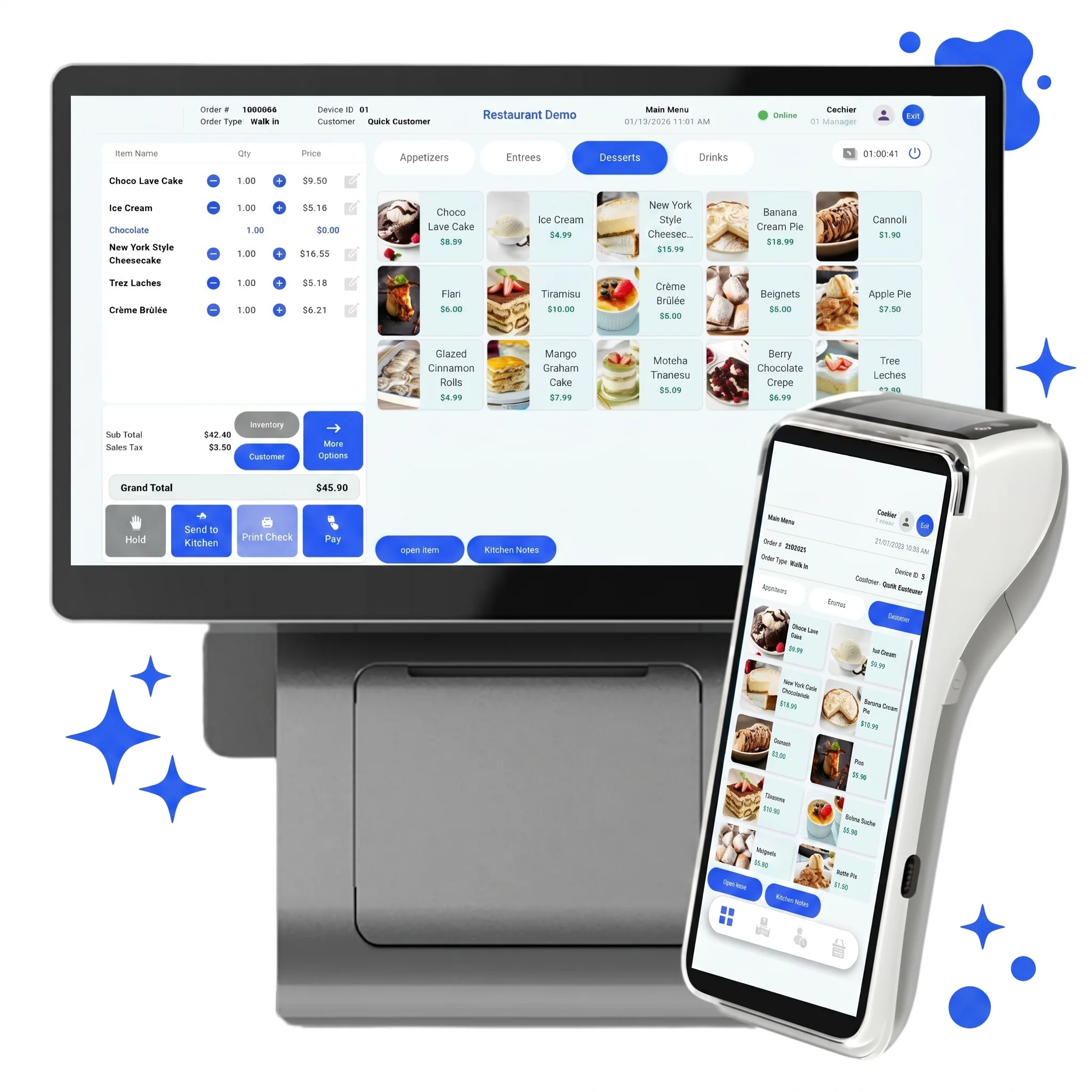 The Partnr restaurant POS — countertop terminal with menu screen and handheld device