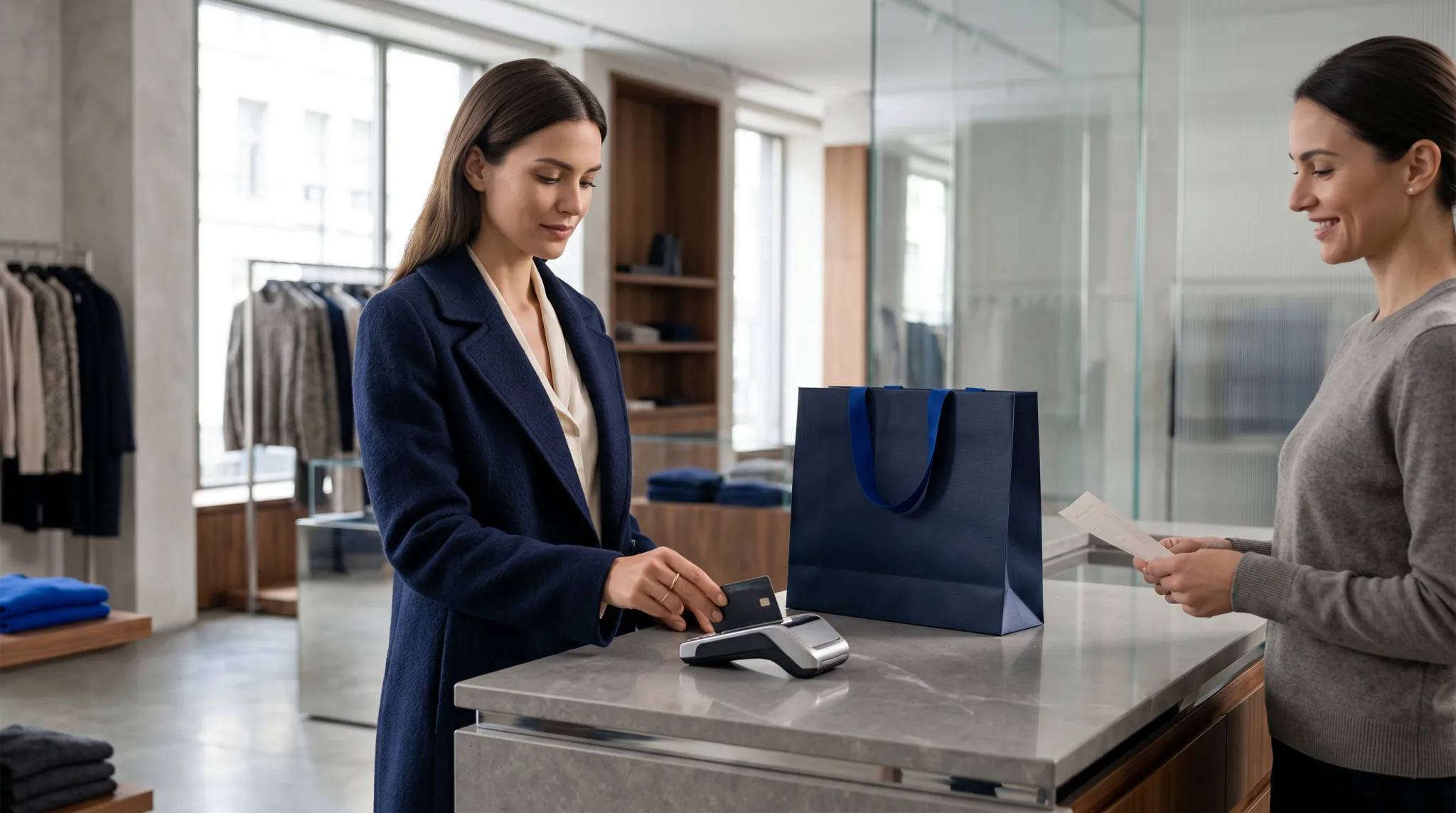 A customer paying by card at a modern apparel boutique
