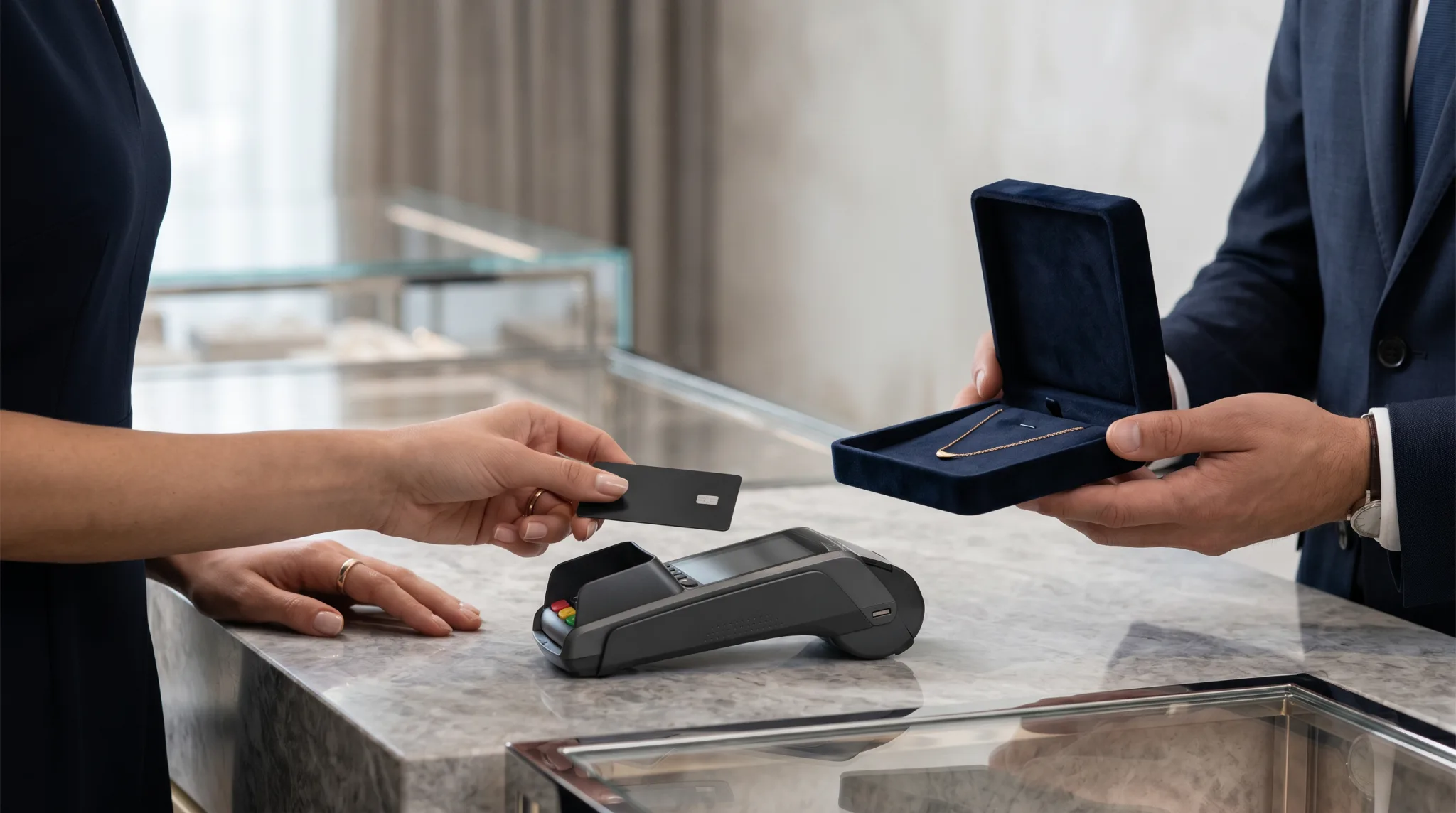 A boutique customer handing a card across the counter