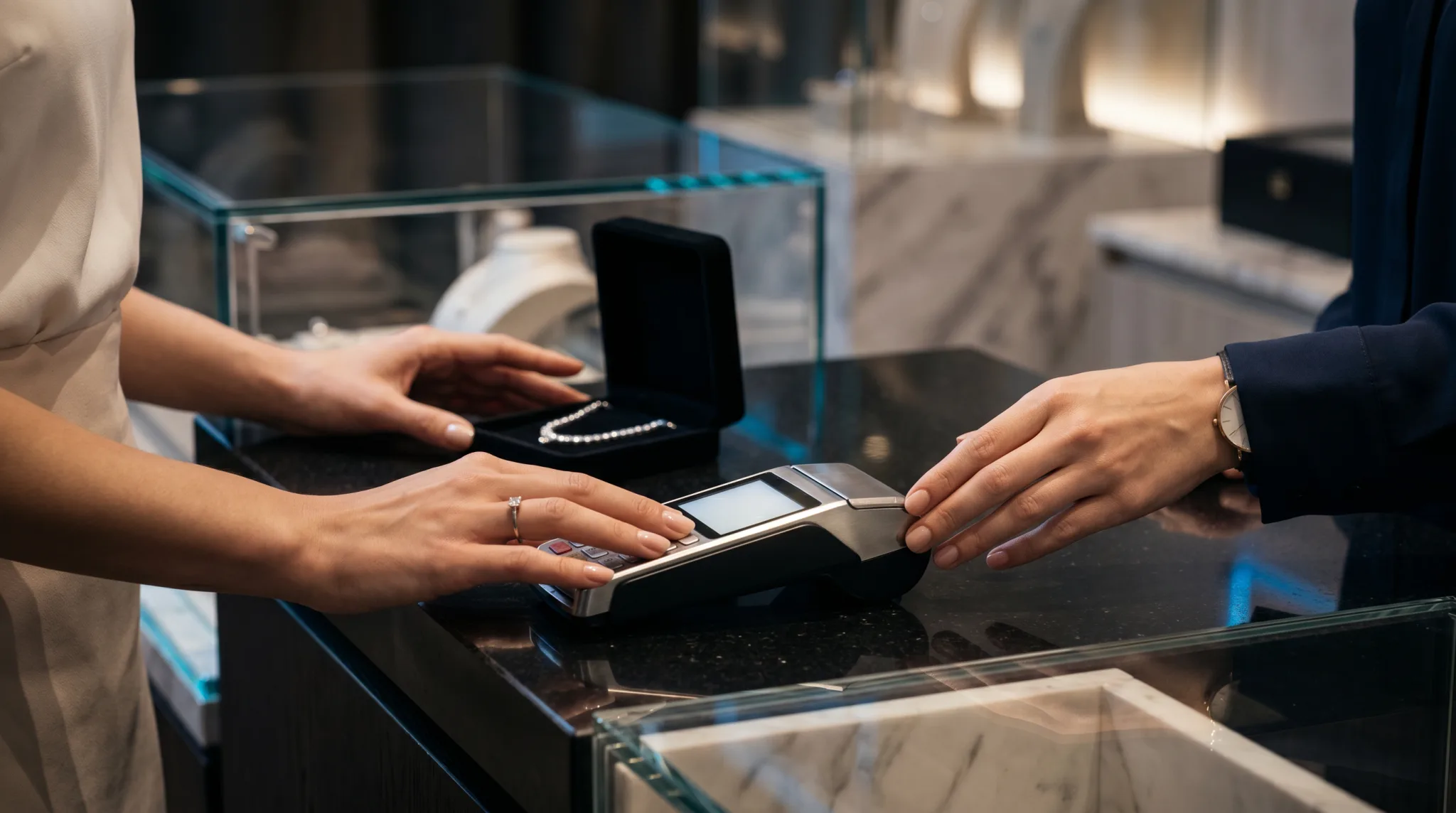 A customer paying at the counter with the Partnr terminal